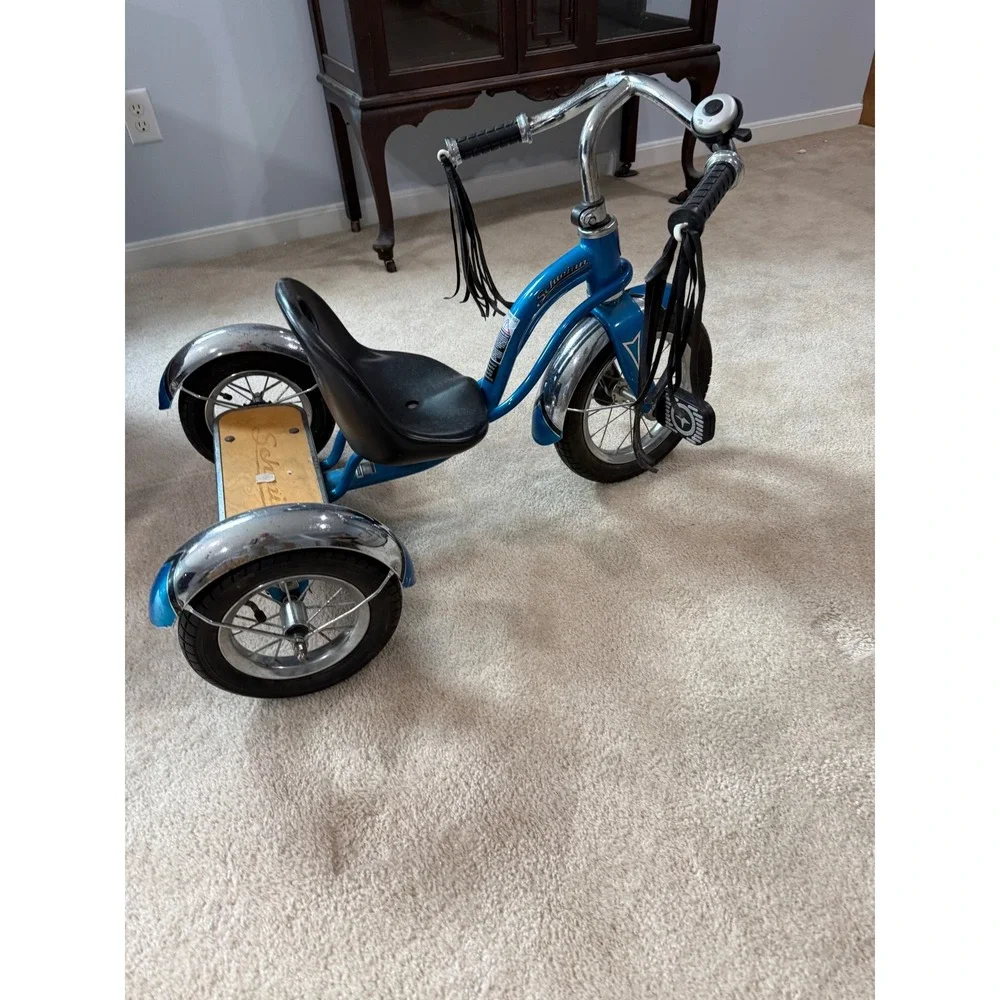 Schwinn Roadster Tricycle Blue Retro Kids Trike Wood Deck S6804 Chrome Fenders